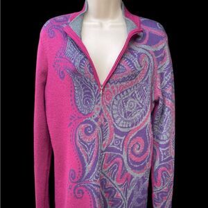 Orvis Vibrant Pink and Purple Paisley Cowl Neck Sweater 100% Wool Side pocket